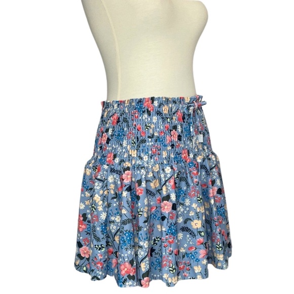 Retro Blue Floral Shirred High Waist Drawstring Beach Skirt - Picture 9 of 16